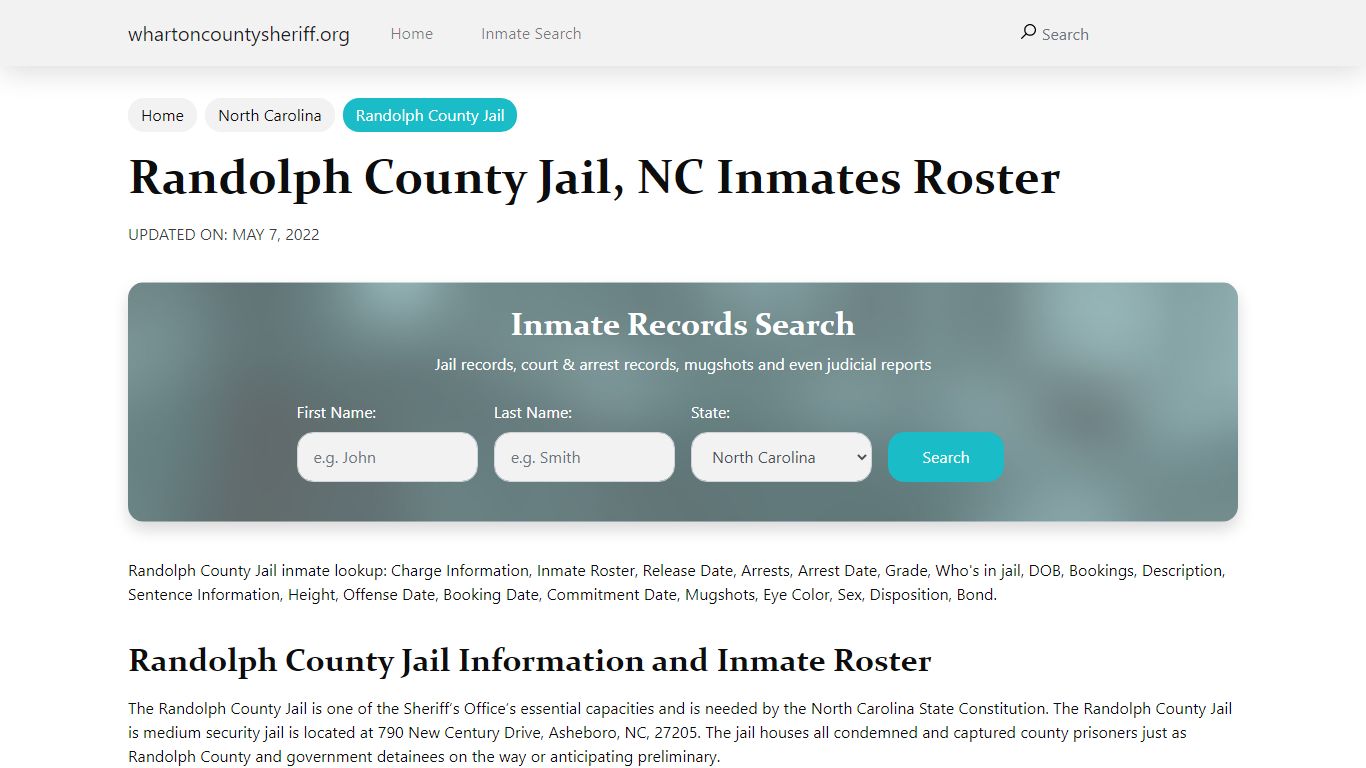 Randolph County Jail, NC Jail Roster, Name Search