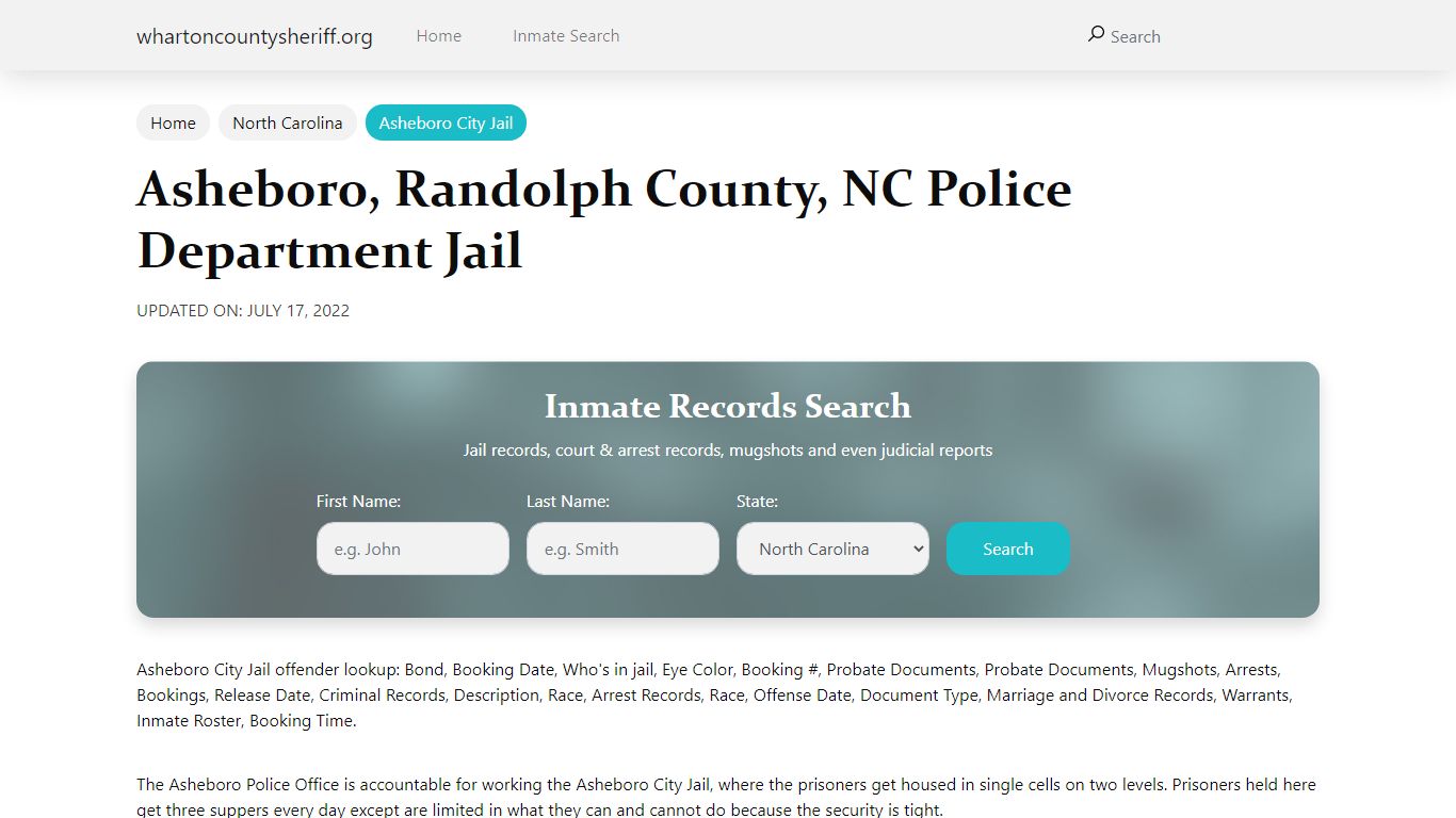 Asheboro, Randolph County, NC Police Department Jail